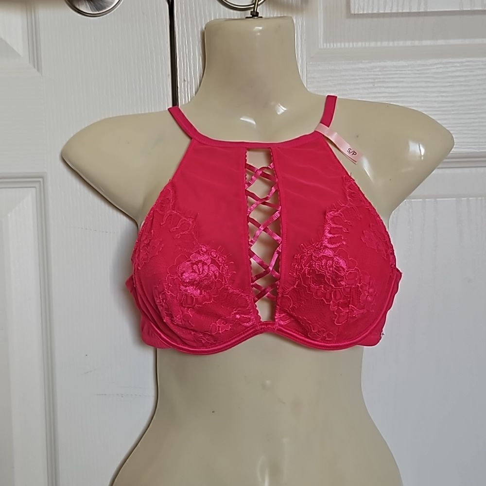 La Vie en Rose Women's Lace Underwire Bralette Bra Hot Pink Small
